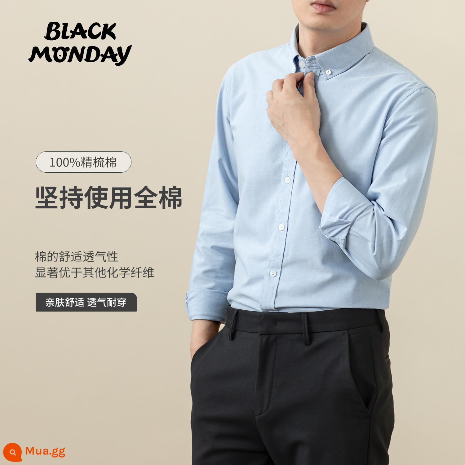 [Cotton Oxford kéo sợi] Áo sơ mi cotton mùa xuân và mùa thu Áo sơ mi nam dài tay màu xám Thời trang công sở bình thường cho sinh viên Áo sơ mi inch - màu xanh da trời