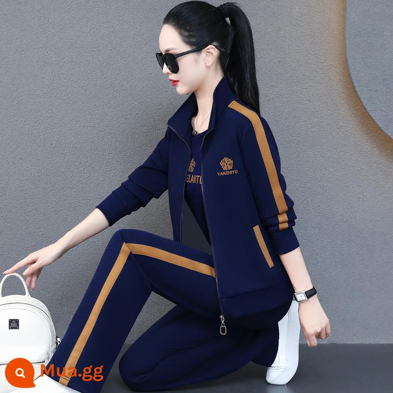 Bộ đồ thể thao thương hiệu dành cho nữ xuân thu 2023 phong cách mới phong cách nước ngoài cotton nguyên chất áo thun dáng rộng chạy bộ thường ngày bộ đồ ba mảnh xu hướng - Xanh sapphire 6002 (bộ ba món) cao cấp