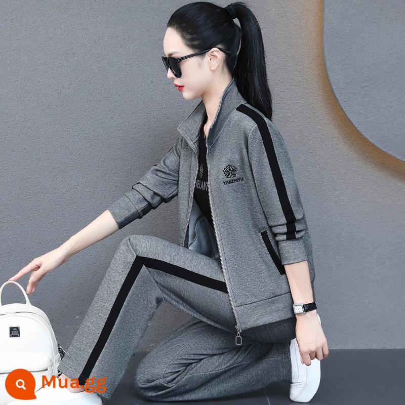 Bộ đồ thể thao thương hiệu dành cho nữ xuân thu 2023 phong cách mới phong cách nước ngoài cotton nguyên chất áo thun dáng rộng chạy bộ thường ngày bộ đồ ba mảnh xu hướng - 6002 xám (bộ ba món) chất lượng cao