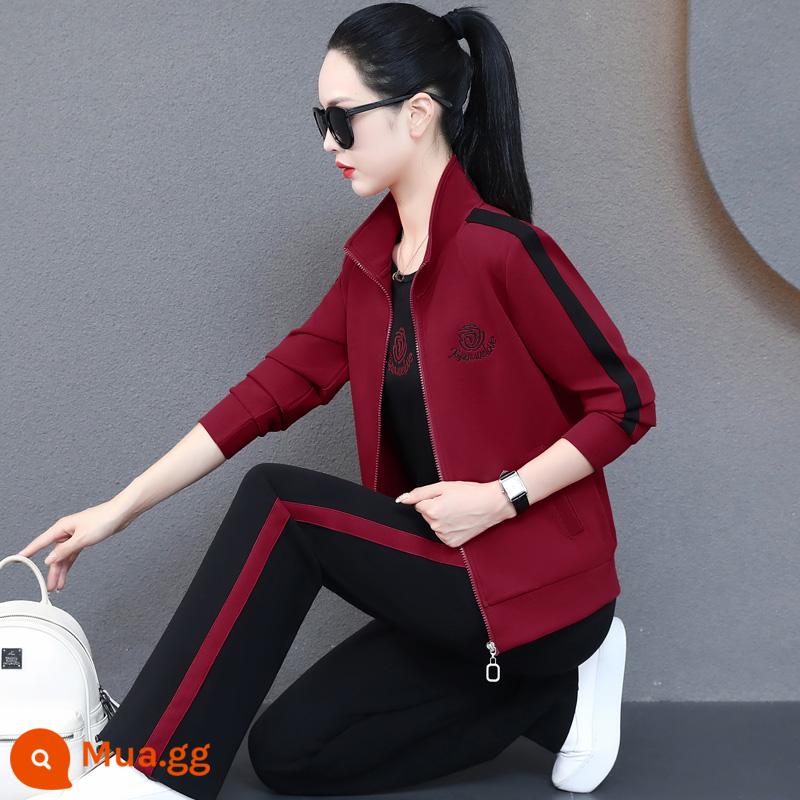 Bộ đồ thể thao thương hiệu dành cho nữ xuân thu 2023 phong cách mới phong cách nước ngoài cotton nguyên chất áo thun dáng rộng chạy bộ thường ngày bộ đồ ba mảnh xu hướng - 6006 rượu vang đỏ (bộ ba món) cao cấp