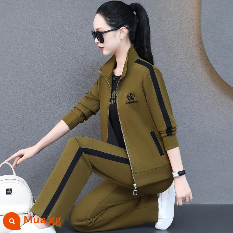 Bộ đồ thể thao thương hiệu dành cho nữ xuân thu 2023 phong cách mới phong cách nước ngoài cotton nguyên chất áo thun dáng rộng chạy bộ thường ngày bộ đồ ba mảnh xu hướng - 6002 màu xanh ô liu (bộ ba mảnh) chất lượng cao