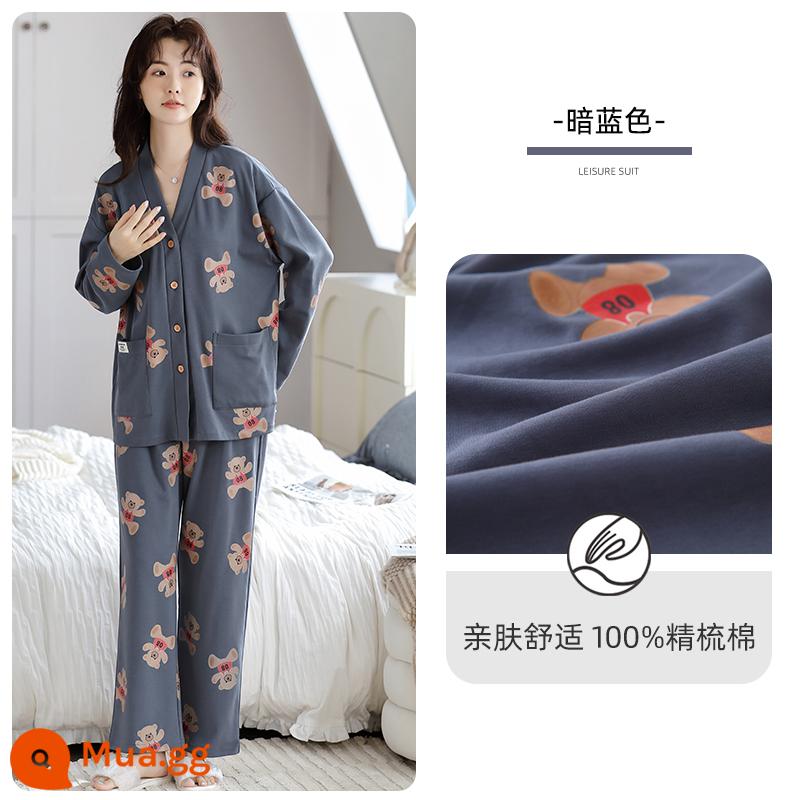 Bộ đồ ngủ người mèo nữ cotton nguyên chất phong cách xuân thu 2023 mới mùa thu dài tay phần mỏng có thể mặc ngoài bộ đồ phục vụ tại nhà - ZJ67106 (áo cardigan kiểu cổ chữ V)