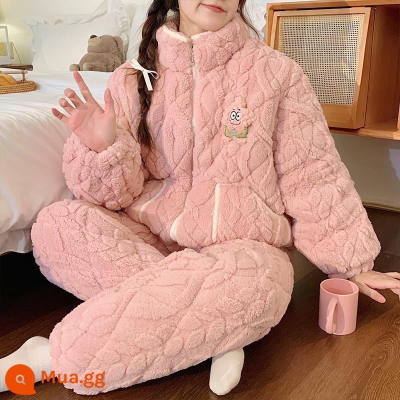 Mùa Đông Nhung San Hô 3 Lớp Cotton Bộ Đồ Ngủ Nữ Dày Ấm Plus Nhung Phù Hợp Với Dây Kéo Dép Nỉ Sweet Home Quần Áo - 4833