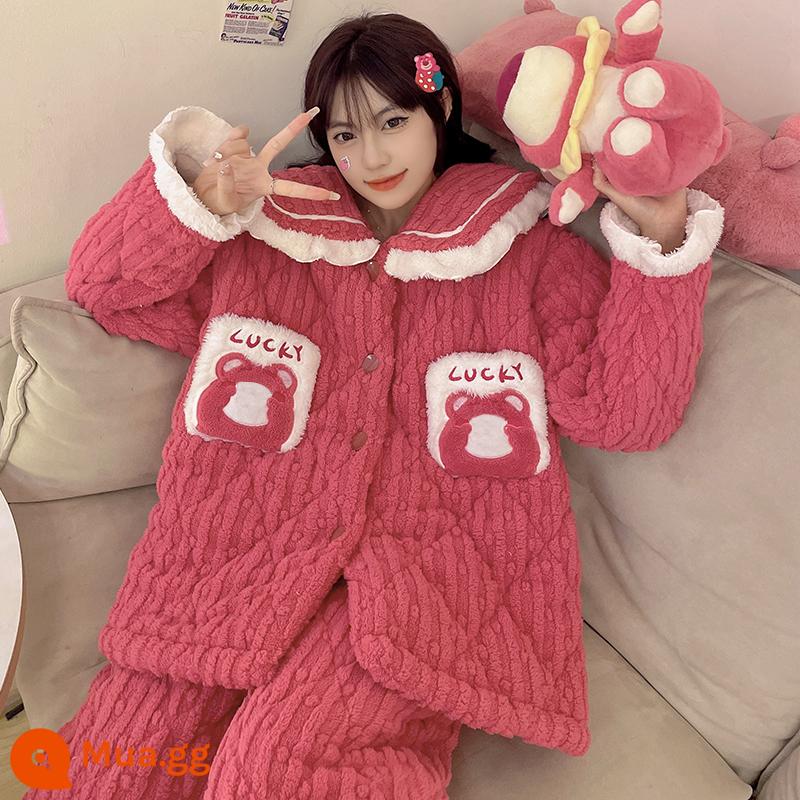 Mùa Đông Nhung San Hô 3 Lớp Cotton Bộ Đồ Ngủ Nữ Dày Ấm Plus Nhung Phù Hợp Với Dây Kéo Dép Nỉ Sweet Home Quần Áo - 23902