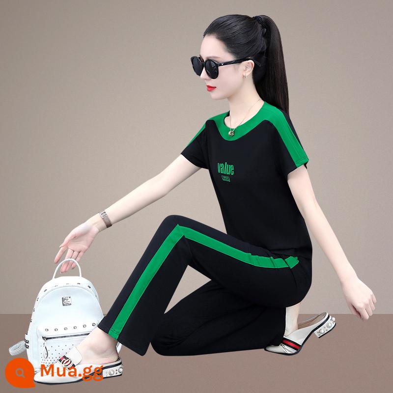 Thời trang ngắn tay giản dị phù hợp với phụ nữ mùa hè băng lụa mới cổ tròn cotton dày T quần ống rộng đồ thể thao hai mảnh phần mỏng - đen/xanh cỏ