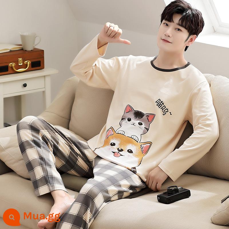 Bộ đồ ngủ nam mùa xuân và mùa thu dài tay cotton hoạt hình thanh niên mùa thu phần mỏng cotton học sinh trung học cơ sở phù hợp với dịch vụ tại nhà - Người Mèo BB869