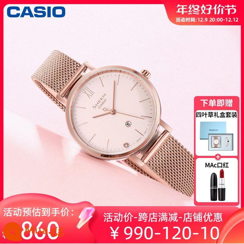 Đồng hồ CASIO nữ ánh sáng thời trang thích hợp ánh sáng sang trọng đơn giản khí chất đồng hồ thạch anh nữ vàng nhỏ 4539/4540 - 2. [Mặt số lớn thời trang] Phiên bản hộp quà cỏ bốn lá SHE-4539CGM-4AUPR