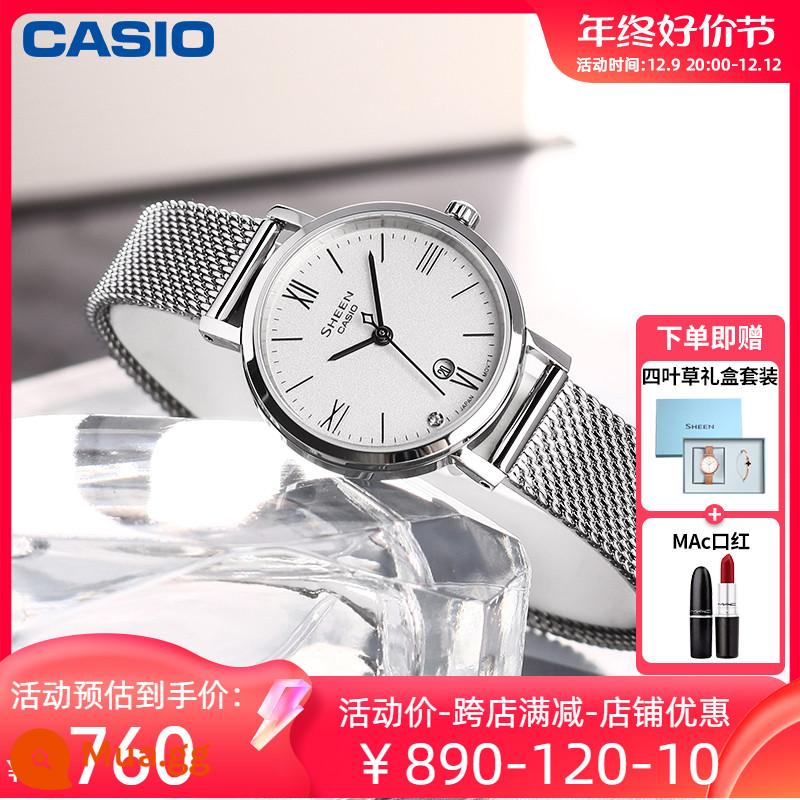 Đồng hồ CASIO nữ ánh sáng thời trang thích hợp ánh sáng sang trọng đơn giản khí chất đồng hồ thạch anh nữ vàng nhỏ 4539/4540 - 6. [Mặt nhỏ thời trang] Phiên bản hộp quà cỏ bốn lá SHE-4540M-7A