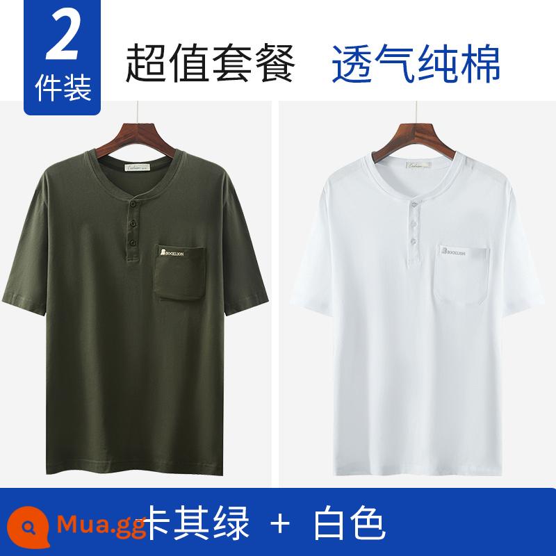 Bố mùa hè áo thun cotton ngắn tay dành cho nam trung niên dành cho người trung niên và người cao tuổi quần áo mùa hè ông nội rộng rãi nửa tay - Trắng + xanh kaki (hai chiếc)