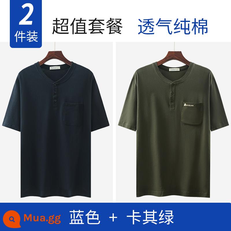 Bố mùa hè áo thun cotton ngắn tay dành cho nam trung niên dành cho người trung niên và người cao tuổi quần áo mùa hè ông nội rộng rãi nửa tay - Xanh dương + xanh kaki (hai chiếc)