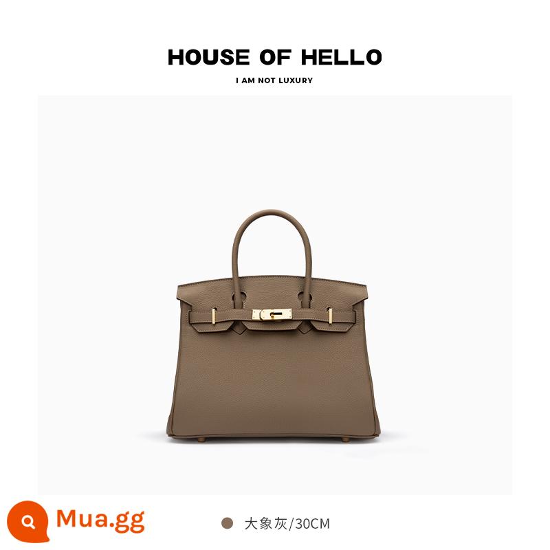 HOUSEOFHELLO chất lượng cao kết cấu togo giả mạo bạch kim túi cầm tay handmade mẫu vải thiều da chính hãng ánh sáng túi xách sang trọng - [Xám voi] Khóa vàng/30 inch