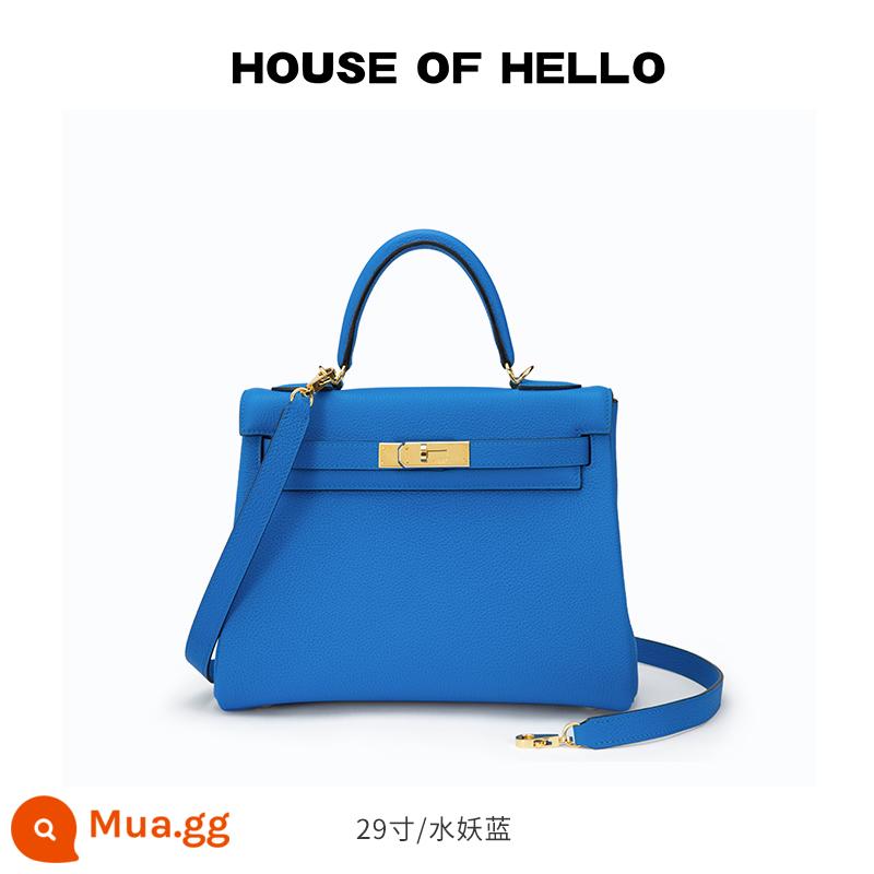 HOUSEOFHELLO vải thiều khâu tay hoa văn chỉ sáp da thật Túi Kelly ánh sáng túi xách sang trọng - Dòng sáp da nguyên bản màu xanh quỷ nước/29 inch