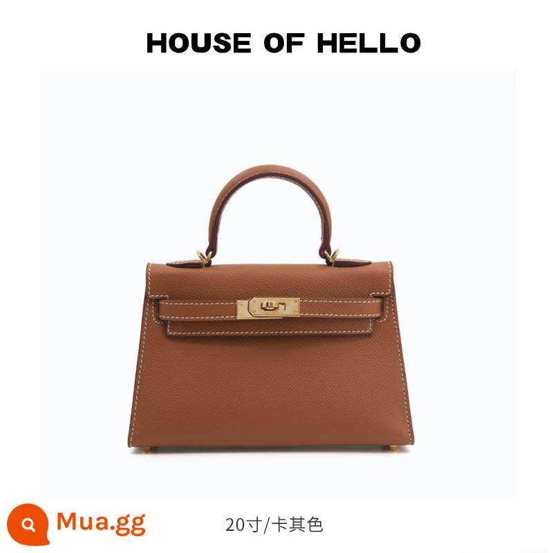 HOUSEOFHELLO nhái mini Kelly bag da thật cao cấp niche thiết kế đeo chéo nhẹ sang trọng Kelly bag - [Khaki] Khóa vàng/20 inch (phiên bản nâng cấp)