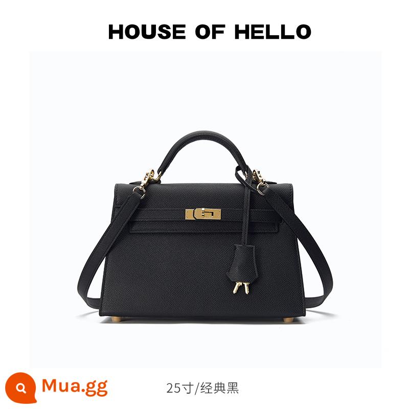 HOUSEOFHELLO nhái mini Kelly bag da thật cao cấp niche thiết kế đeo chéo nhẹ sang trọng Kelly bag - [Đen cổ điển] Khóa vàng/25 inch (Phiên bản nâng cấp)