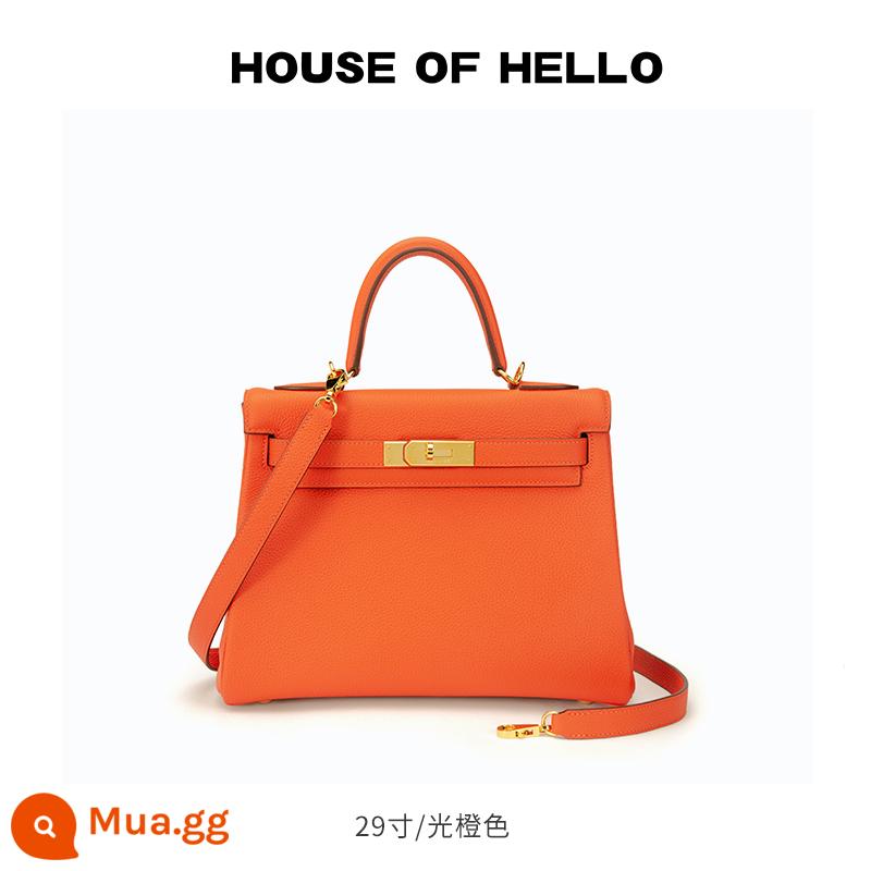 HOUSEOFHELLO vải thiều khâu tay hoa văn chỉ sáp da thật Túi Kelly ánh sáng túi xách sang trọng - Dòng sáp da nguyên bản màu cam bóng/29 inch