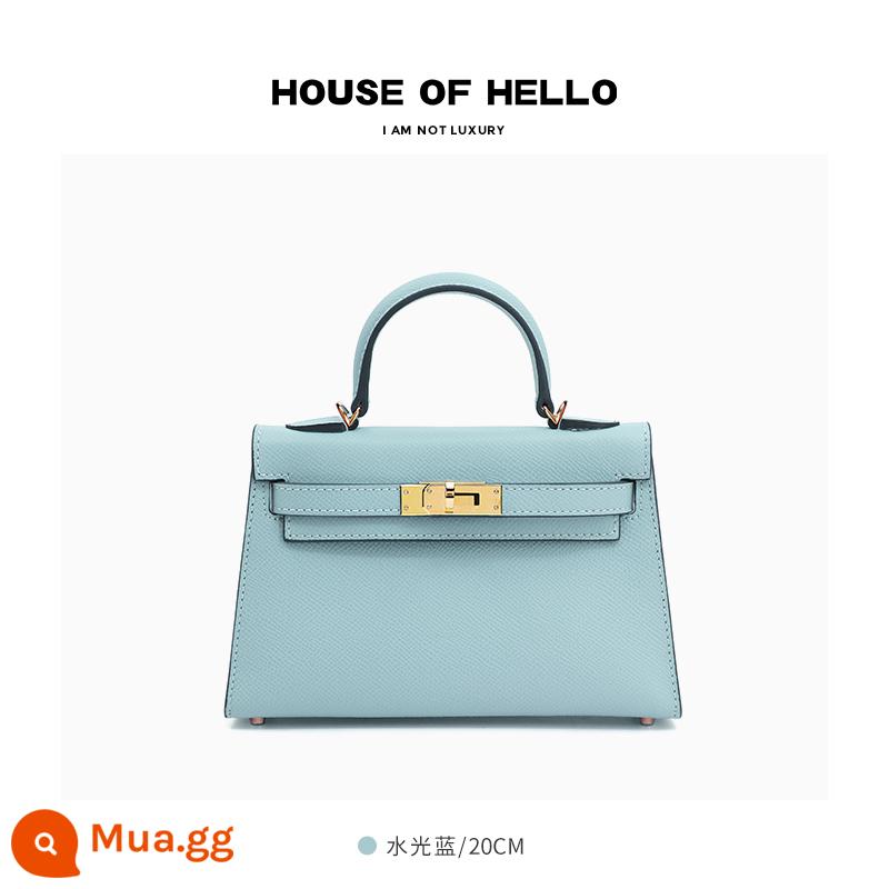 HOUSEOFHELLO nhái mini Kelly bag da thật cao cấp niche thiết kế đeo chéo nhẹ sang trọng Kelly bag - [Xanh nước biển] Khóa vàng/20 inch (Phiên bản nâng cấp)