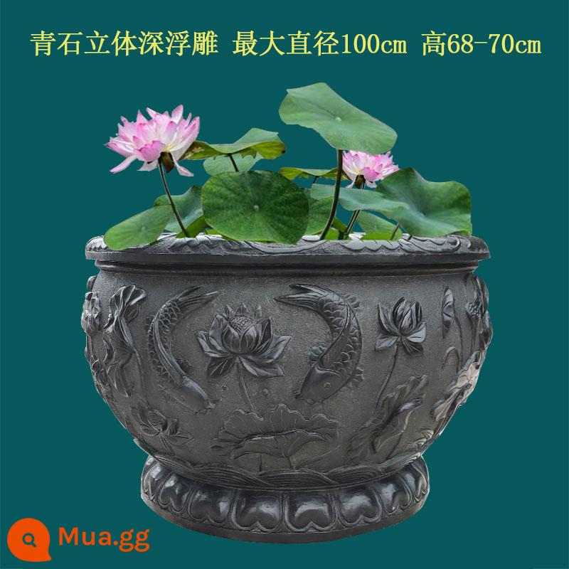 Bluestone Pot Pot Fish Tank Imites Antique Stone Khắc Lotus Fish Vòng tròn Courtyard Tank Stone Tank Stone Water Tank Nater Stone Pot Water Water - Khắc sâu cao cấp màu đen 100cm không tính phí vận chuyển