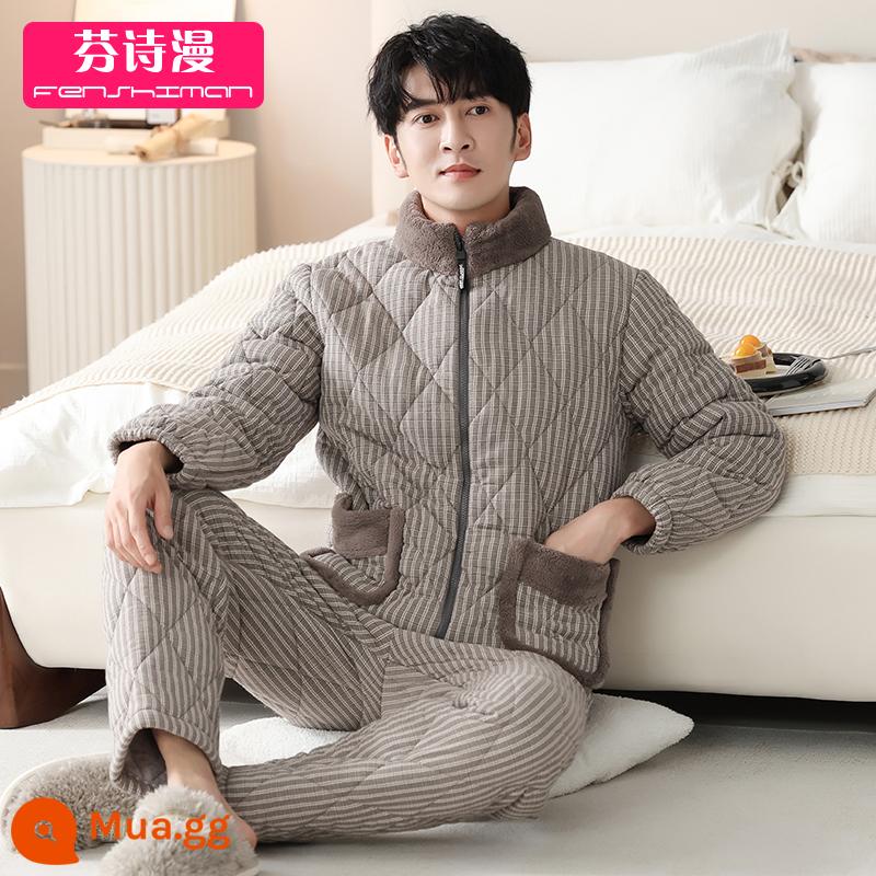 Bộ đồ ngủ nam mùa đông cotton nguyên chất chần ba lớp dày cộng với nhung cộng với bông dệt mùa thu đông ấm áp quần áo ở nhà cổ cao - 4305 quả mơ