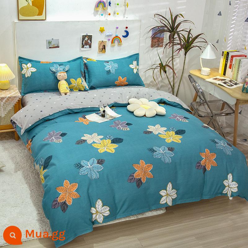 Phong Cách Bắc Âu Iing Bộ 4 Cotton Nguyên Chất Dày 100 Vỏ Chăn Giường Ký Túc Xá Sinh Viên Chần Gòn 3 Giường - Tình sâu trong hoa và lá-Blue DG