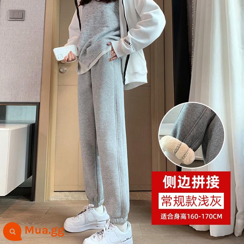 Size Lớn Lambswool Xám Dài Thấm Hút Mồ Hôi Cho Nữ Mùa Thu Đông 2022 Dày Ấm Cotton Quần Áo Nỉ Quần Thể Thao - Màu xám nhạt - (đường khâu bên)