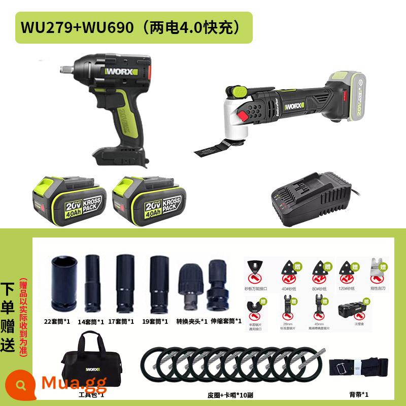 Worx Điện Tua Vít Mô-men Xoắn Cao Pin Lithium Không Chổi Than WU279 Đặc Biệt Sạc Khí Nén Cờ Lê Công Cụ Kệ Công Nhân - WU279+WU690 (pin kép 4.0 + sạc nhanh)