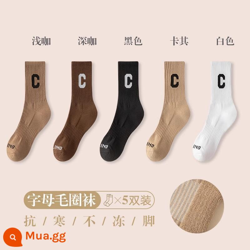 Tất dành cho nữ trong mùa thu đông tất cotton dài ấm áp bằng nhung dành cho nữ Tất dài đến giữa bắp chân cho nữ Đôi tất có đáy khăn bông mùa đông - [5 đôi] 41041 Mỗi màu 1 đôi