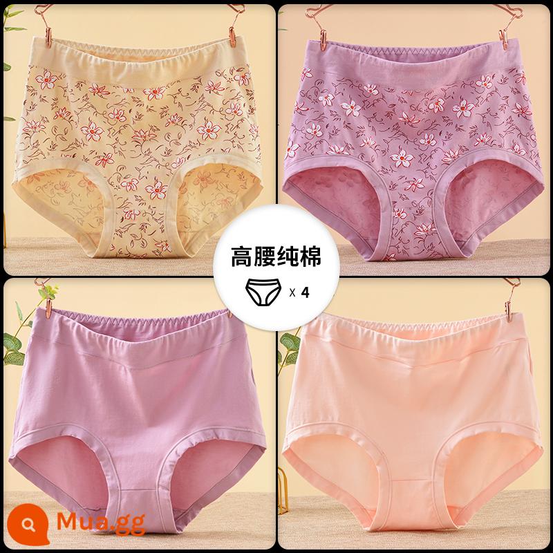 Quần lót của mẹ vải cotton nguyên chất lưng cao cỡ lớn đồ lót tam giác dành cho người trung niên và người già dành cho phụ nữ và người già quần short cotton rộng rãi - [4 món] In màu da + In tím nhạt + Tím nhạt thuần khiết + Tím thuần khiết