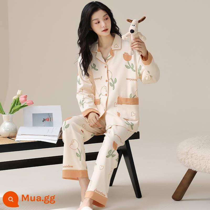 Bộ đồ ngủ cho nữ xuân thu 2023 mới cotton nguyên chất dài tay cỡ lớn kiểu công chúa có thể mặc bên ngoài quần áo ở nhà phù hợp với phong cách mỏng mùa thu - 20947