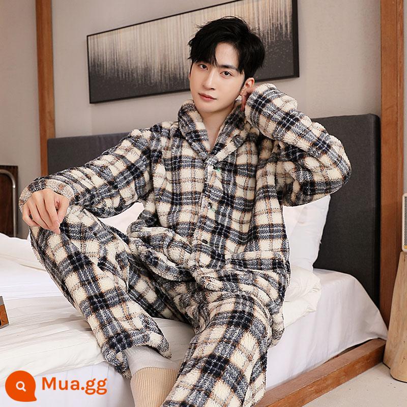 Coral Velvet Pyjamas Men's Winter Decvened cộng với Velvet Winter Warm Diamond Frank Velvet Mùa thu và mùa đông Bộ quần áo - （XHC88261）