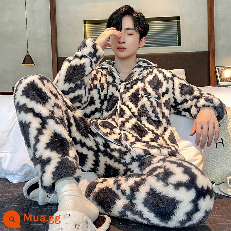 Coral Velvet Pyjamas Men's Winter Decvened cộng với Velvet Winter Warm Diamond Frank Velvet Mùa thu và mùa đông Bộ quần áo - （XHC88195）