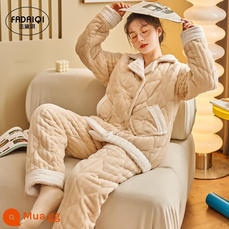 Bộ đồ ngủ cotton ba lớp dành cho nữ mùa đông dày nhung san hô áo khoác nhung cộng với các mẫu thu đông nhung cổ áo đứng ấm phù hợp với flannel - JW75208