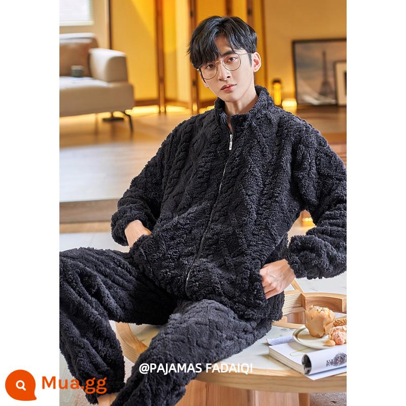 Bộ đồ ngủ lông cừu san hô mùa đông nam dày cộng nhung xuân thu mỏng 2022 mới flannel thanh niên phục vụ tại nhà - JW55522 (dây kéo nhung)