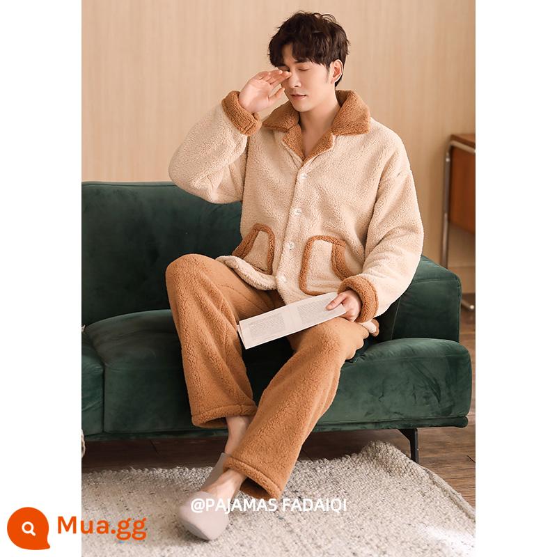 Bộ đồ ngủ lông cừu san hô mùa đông nam dày cộng nhung xuân thu mỏng 2022 mới flannel thanh niên phục vụ tại nhà - 55712 (áo len)