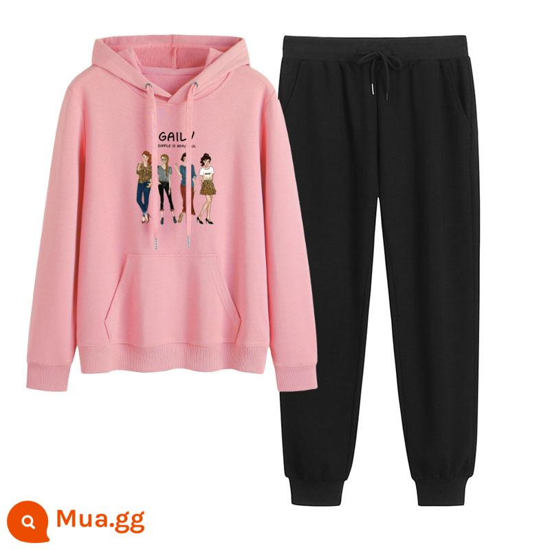 2023 mới mùa thu đông Plus nhung dày hoạt hình hoodie quần 2 Hàn Quốc thể thao giản dị phù hợp với triều - Hồng + đen (không có nhung)