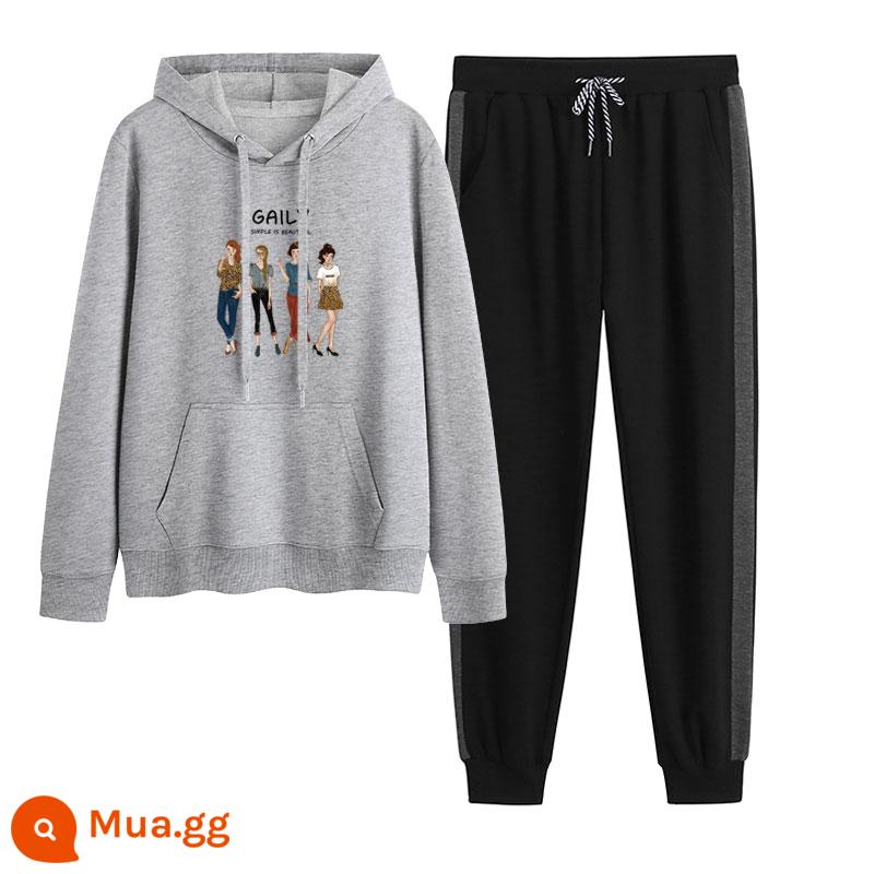 2023 mới mùa thu đông Plus nhung dày hoạt hình hoodie quần 2 Hàn Quốc thể thao giản dị phù hợp với triều - Xám + viền xám (không có nhung)