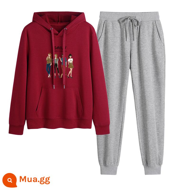 2023 mới mùa thu đông Plus nhung dày hoạt hình hoodie quần 2 Hàn Quốc thể thao giản dị phù hợp với triều - Màu đỏ tía + xám nhạt (không có nhung)