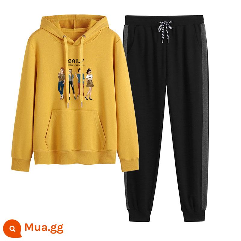 2023 mới mùa thu đông Plus nhung dày hoạt hình hoodie quần 2 Hàn Quốc thể thao giản dị phù hợp với triều - Viền màu vàng + xám (không có nhung)