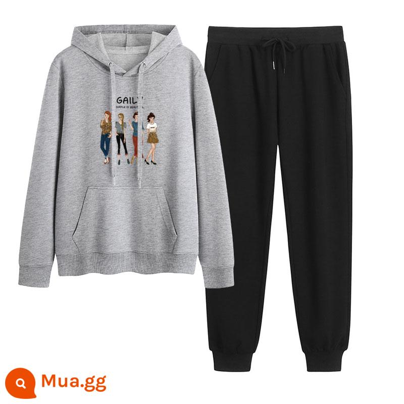 2023 mới mùa thu đông Plus nhung dày hoạt hình hoodie quần 2 Hàn Quốc thể thao giản dị phù hợp với triều - Xám + đen (không có nhung)