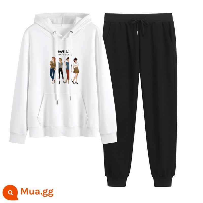 2023 mới mùa thu đông Plus nhung dày hoạt hình hoodie quần 2 Hàn Quốc thể thao giản dị phù hợp với triều - Trắng + đen (không có nhung)