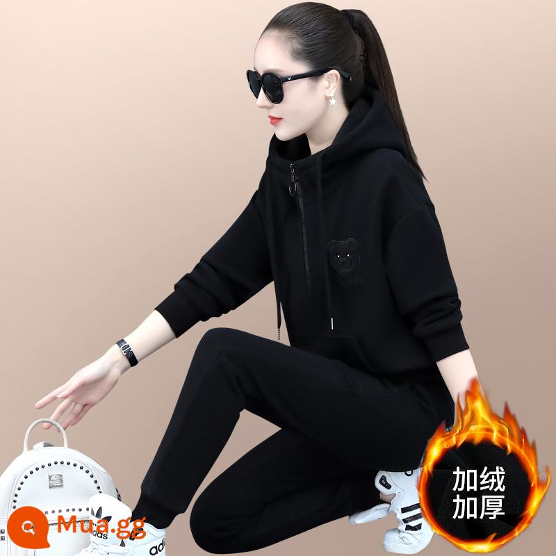 Mùa Đông Plus Trang Bộ Đồ Thể Thao Nữ 2022 Nước Ngoài Mới Phong Cách Rời Dày Hoodie Khoác Chạy 2 Bộ - Màu đen (nhung và dày)