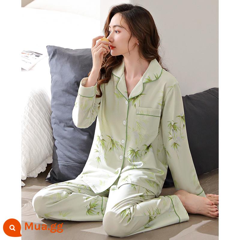 Bộ đồ ngủ nữ xuân thu dài tay cotton nguyên chất mẹ trung niên cotton thu đông nữ thu đông cỡ lớn phù hợp với dịch vụ tại nhà - 6794 đậu xanh