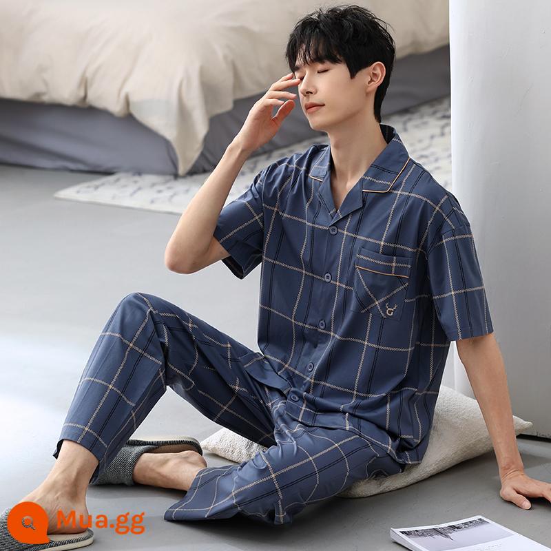 Bộ đồ ngủ nam cotton mùa hè quần ngắn tay nam cotton mỏng phần mùa hè cỡ lớn nửa tay nam phục vụ tại nhà phù hợp với - 83671 xám xanh