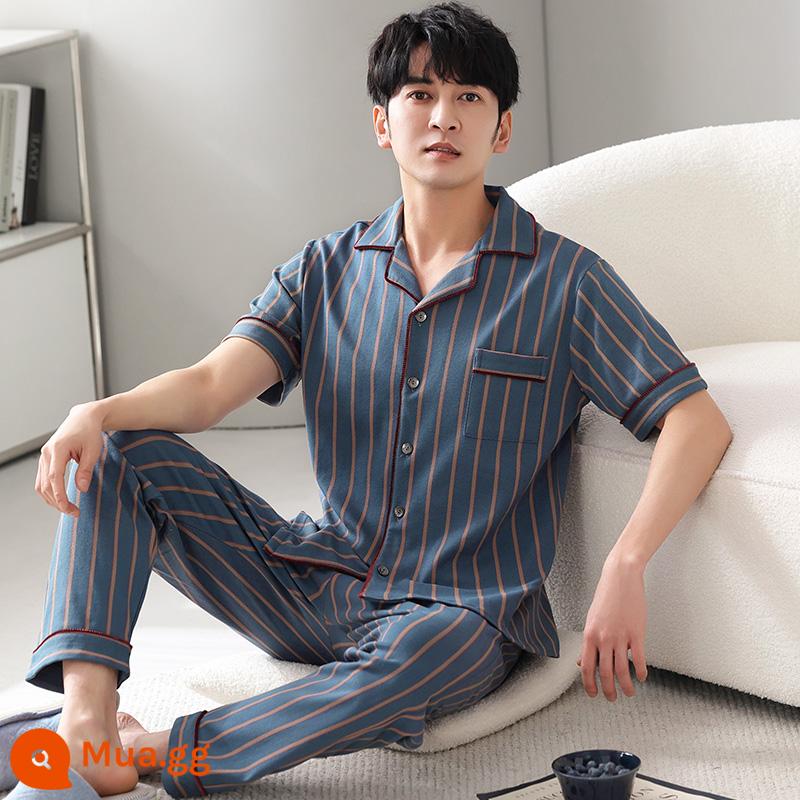 Bộ đồ ngủ nam cotton mùa hè quần ngắn tay nam cotton mỏng phần mùa hè cỡ lớn nửa tay nam phục vụ tại nhà phù hợp với - 2844 xám xanh