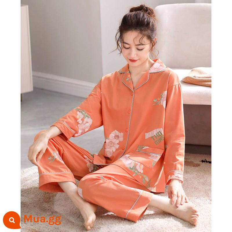 Bộ đồ ngủ nữ xuân thu dài tay cotton nguyên chất mẹ trung niên cotton thu đông nữ thu đông cỡ lớn phù hợp với dịch vụ tại nhà - 81031 đậu cam