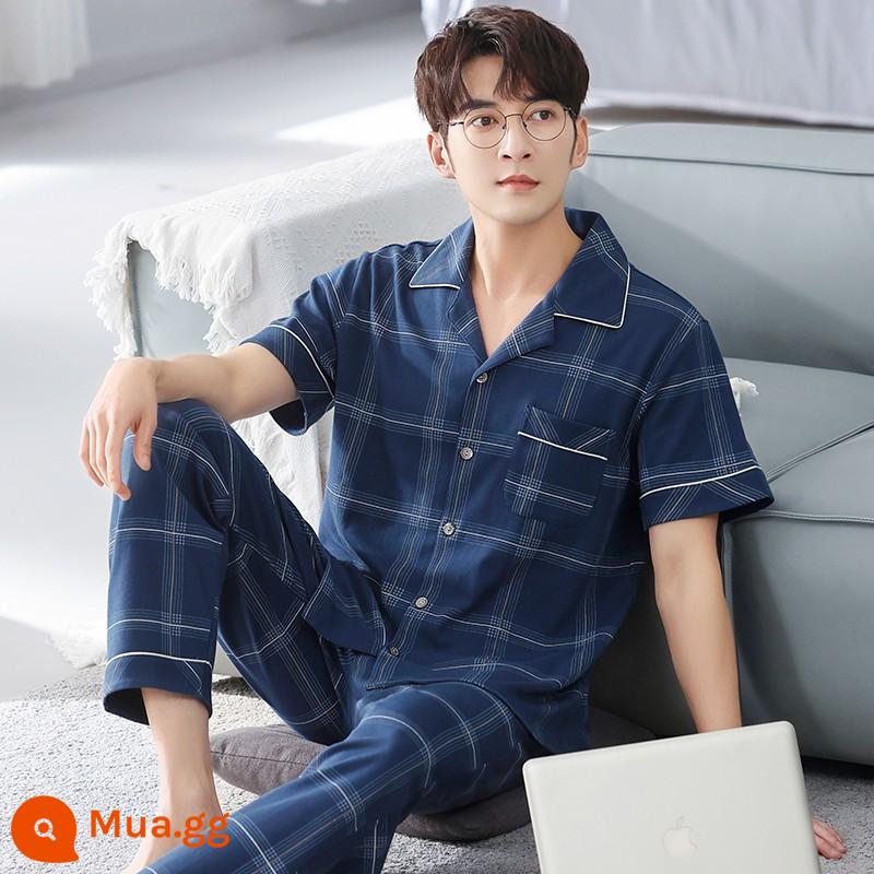 Bộ đồ ngủ nam cotton mùa hè quần ngắn tay nam cotton mỏng phần mùa hè cỡ lớn nửa tay nam phục vụ tại nhà phù hợp với - 8011 màu xanh đậm