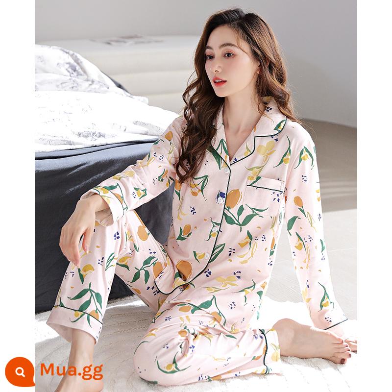 Bộ đồ ngủ nữ xuân thu dài tay cotton nguyên chất mẹ trung niên cotton thu đông nữ thu đông cỡ lớn phù hợp với dịch vụ tại nhà - bột cát 6788