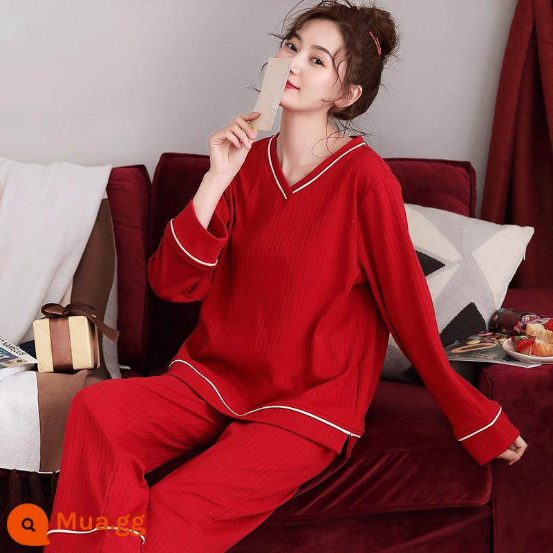 Bộ đồ ngủ nữ mùa xuân và mùa thu cotton nguyên chất dài tay màu đỏ theo năm con giáp mới cưới mùa thu cotton mỏng mùa thu đông dịch vụ cưới tại nhà - 801 màu đỏ