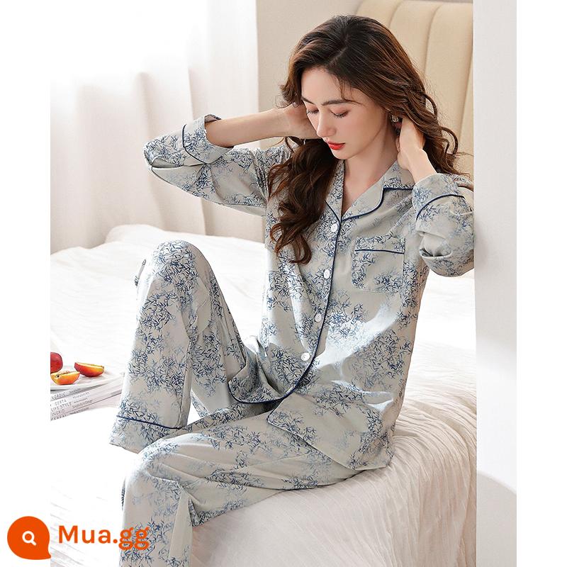 Bộ đồ ngủ nữ xuân thu dài tay cotton nguyên chất mẹ trung niên cotton thu đông nữ thu đông cỡ lớn phù hợp với dịch vụ tại nhà - 6795 xám xanh