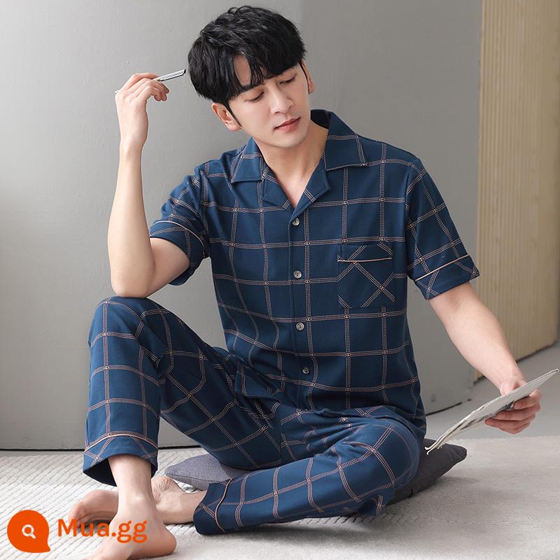 Bộ đồ ngủ nam cotton mùa hè quần ngắn tay nam cotton mỏng phần mùa hè cỡ lớn nửa tay nam phục vụ tại nhà phù hợp với - 2842 xanh xám