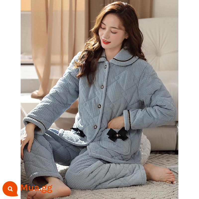 Bộ đồ ngủ nữ mùa đông lông cừu san hô ba lớp dày cộng với nhung chần bông thu đông flannel mùa đông cực dày quần áo mặc nhà mùa đông - 1764 sương mù màu xanh